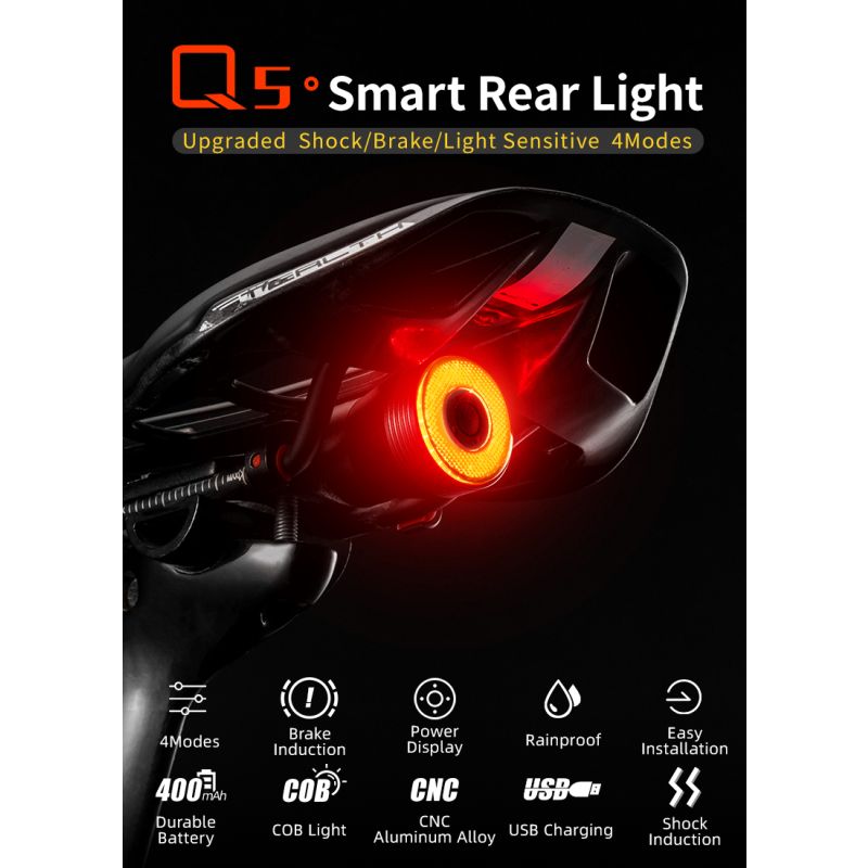 ROCKBROS Q5 Bicycle Smart Light Auto Brake Sensing LED Taillight IPX6 Waterproof Cycling Safety Equipment