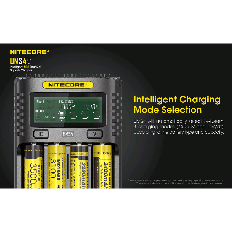 Nitecore UMS4 Intelligent USB Four-Slot Fast Charger with USB-C for 18650 21700 26650 Smart Charging