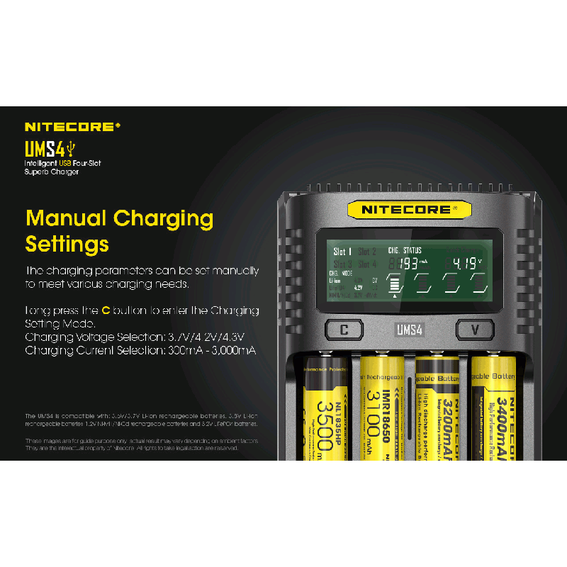 Nitecore UMS4 Intelligent USB Four-Slot Fast Charger with USB-C for 18650 21700 26650 Smart Charging
