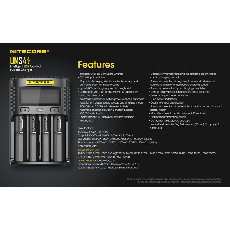 Nitecore UMS4 Intelligent USB Four-Slot Fast Charger with USB-C for 18650 21700 26650 Smart Charging