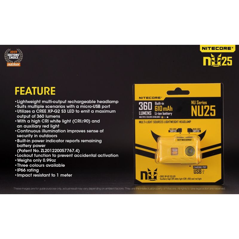 Nitecore NU25 XP-G2 S3 LED Rechargeable Headlamp 360 Lumens Lightweight Adventure Accessory Outdoor Lighting
