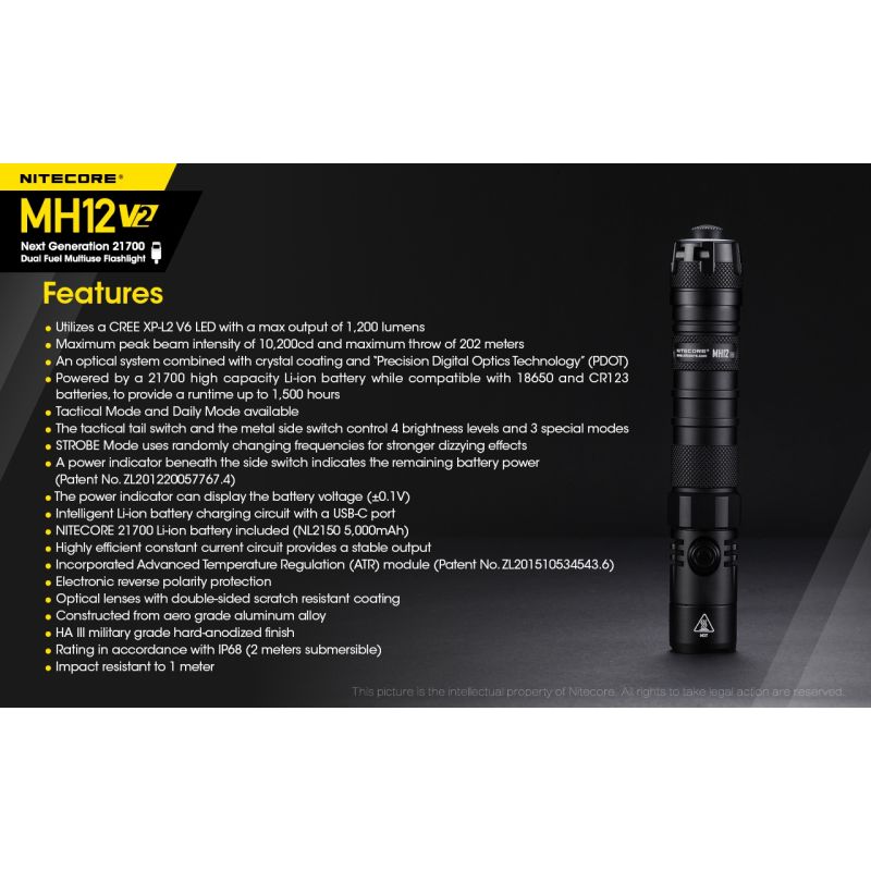 Nitecore MH12 V2 XP-L2 V6 LED Flashlight 1200 Lumens Portable Bright Outdoor Lighting Reliable Illumination