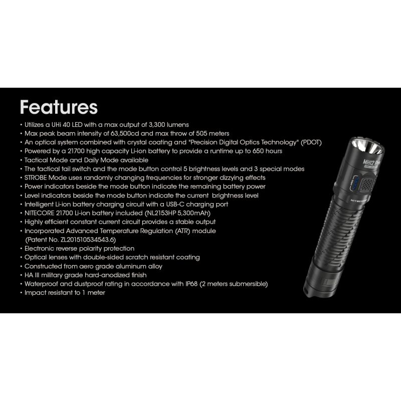Nitecore MH12 Pro USB-C Rechargeable Flashlight 3300 Lumen High-Intensity Beam for Night Hikes and Adventures