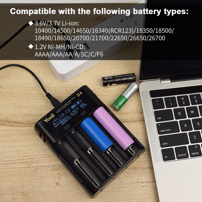 YONII D4 LCD 4 Slot 18650 Battery Charger for 18650 21700 26650 Lithium AA AAA Ni-mh Battery