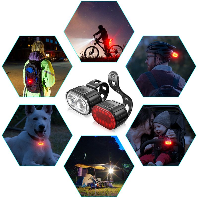 USB Rechargeable Bike Light Set Waterproof LED Urban Cycling Visibility Lightweight Front Light and Red Taillight