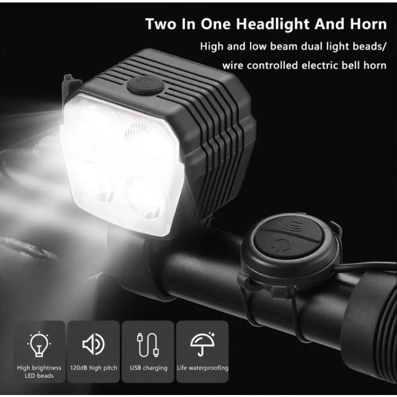 Bicycle Headlight Horn 2-In-1 mtb Bike Near And Far Lights 2/4 Lamp Beaded Wire Control Bell Horn Bike Accessories