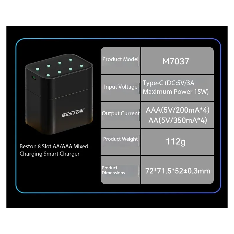 Beston Smart Battery Charger 8 Slots AA with 3600mWh 1.5V Rechargeable Lithium Battery Fast Charging Battery Charger Set