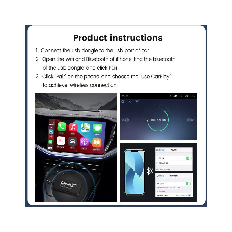 CarlinKit USB CarPlay Dongle Android Auto Wireless Connectivity Easy Installation Hands-Free Calling Music