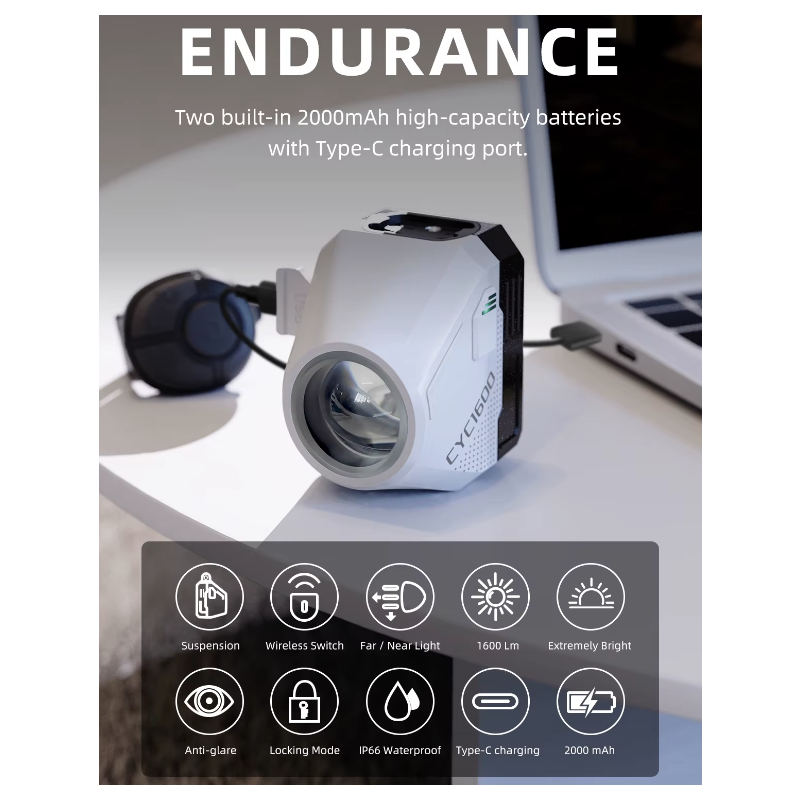 Hanging Cut-off Cable Wireless Headlight 1600LM for Cycling Safety High Brightness Durable Bike Front Lights