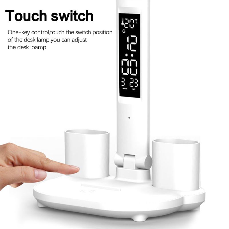 LED Desk Lamp with Pen Holder Built-in Calendar Adjustable Brightness Eye Protection for Home Office