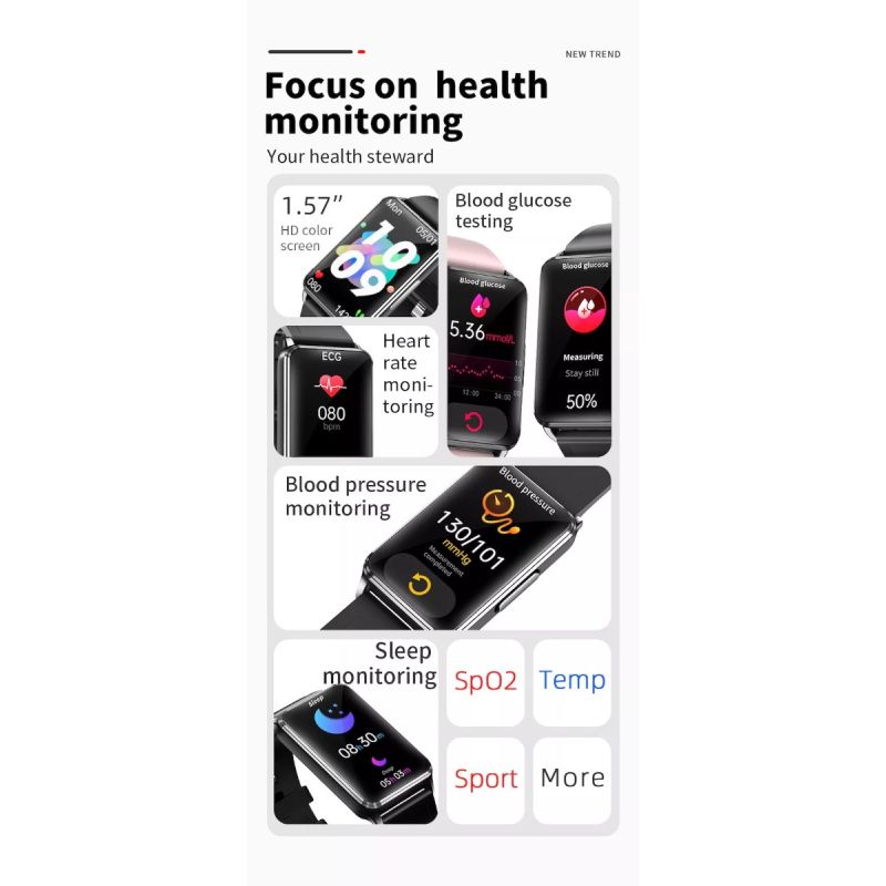 EP02 Blood Glucose Sugar Smart Watch ECG HRV heart rate temperature 1.57