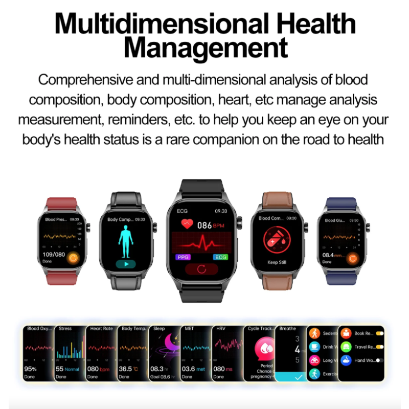 E580 Blood Glucose Smart Watch ECG Heart Rate Blood Pressure IP68 Waterproof Smartwatch