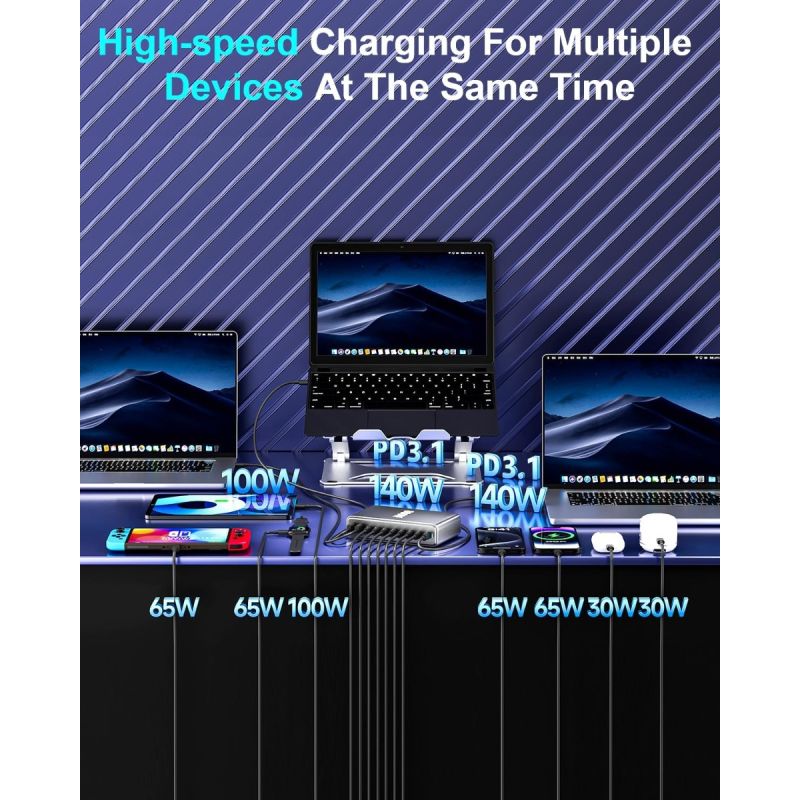 800W USB C Fast Charger Block, 10 Port USB Charging Station, GaN Ⅲ Pro Dual 140W PD PPS Port Charger Compatible