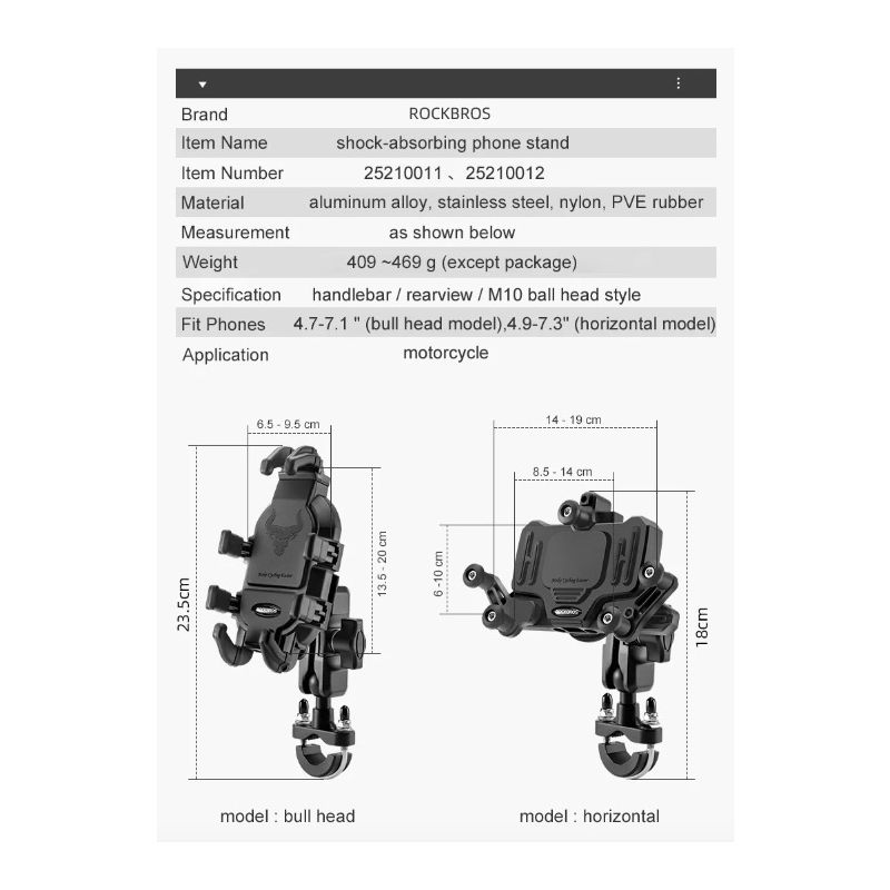 ROCKBROS Phone Holder Durable Aluminum Motorcycle and Cycling Mount with Silicone Shock Absorption Adjustable Stand