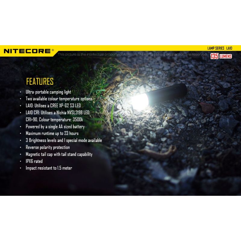 Nitecore LA10 Mini EDC Flashlight 135 Lumens Premium Nichia XP-G2 S3 LED Twist-to-Activate Design Camping