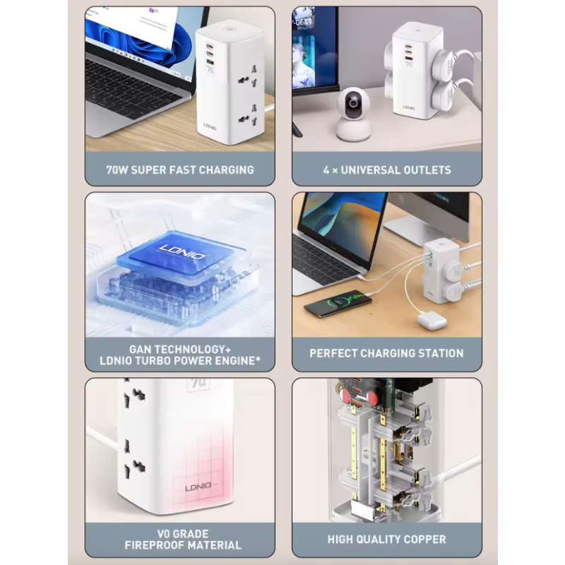 LDNIO Tower Multi Tap Cube Power Strip Outlets 70W Charging Stations 4 Outlet Line Filter UK US EU Type Plug To Universal Adapter