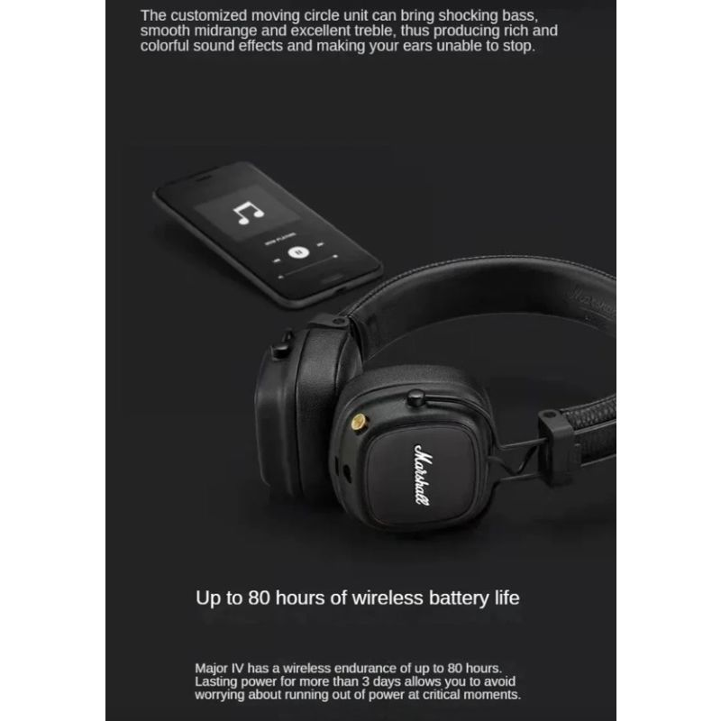 Marshall Major IV Bluetooth Headphones Classic Aesthetics Signature Sound Deep Bass Wireless Charging