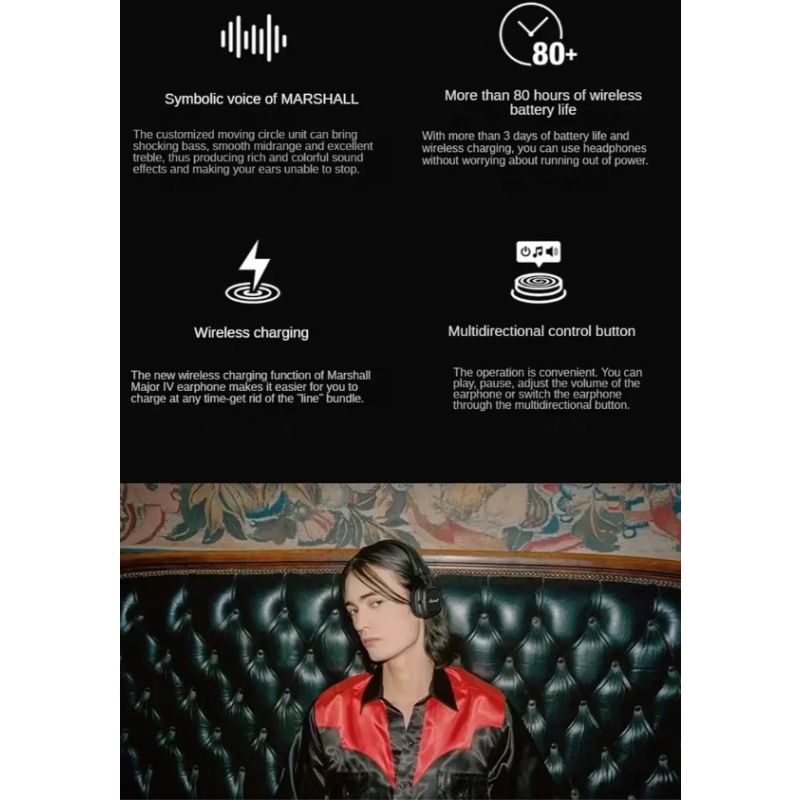 Marshall Major IV Bluetooth Headphones Classic Aesthetics Signature Sound Deep Bass Wireless Charging