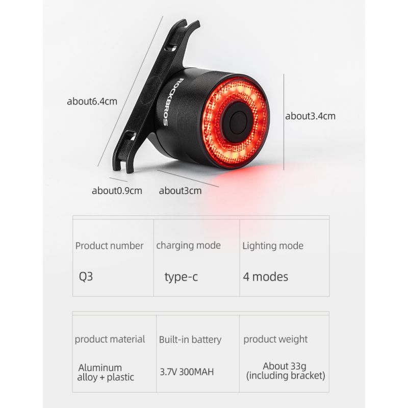 ROCKBROS Q3 Bike Tail Light with Smart Brake Sensor IPX6 Waterproof for MTB and Road Cycling Safety