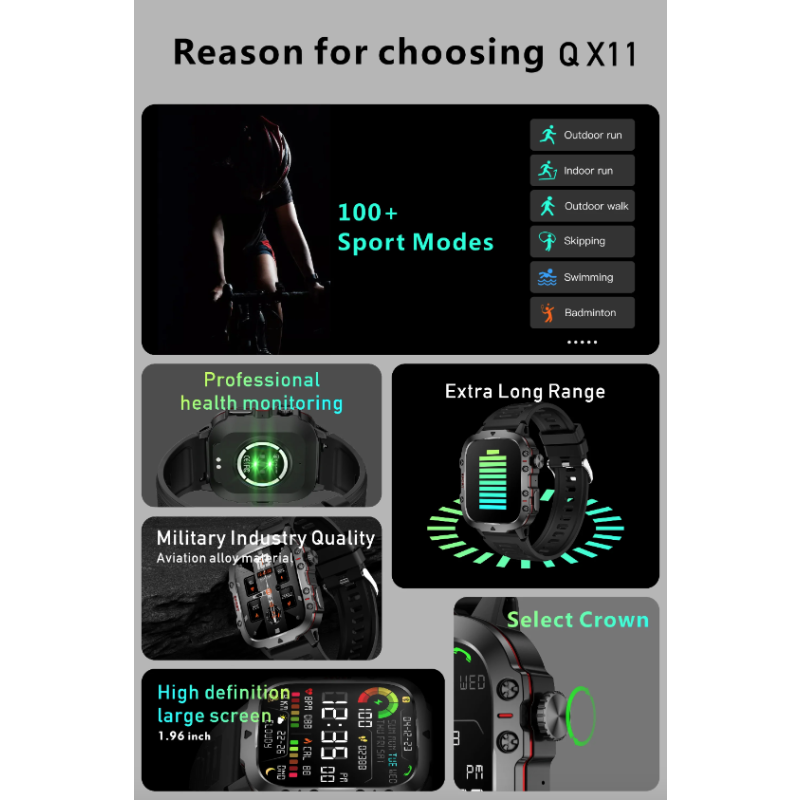 QX11 Smart Watch Men IP68 5ATM Outdoor Sports Fitness Tracker Health Monitor 1.96