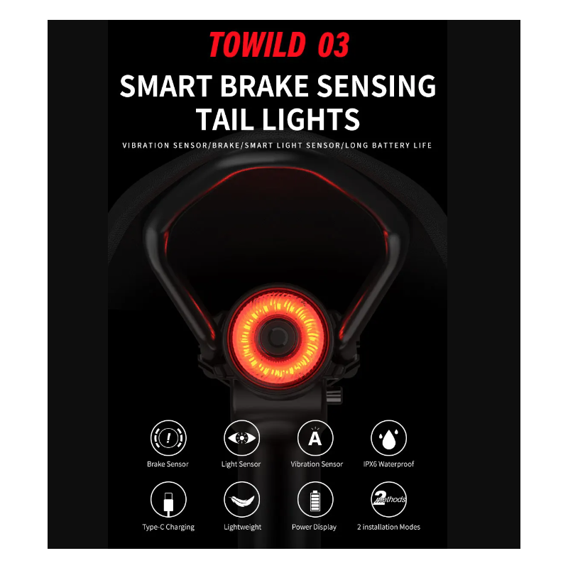 TOWILD TL03 Bicycle Smart Auto Brake Sensing Light LED Taillight Bike Accessories with Five Flash Modes