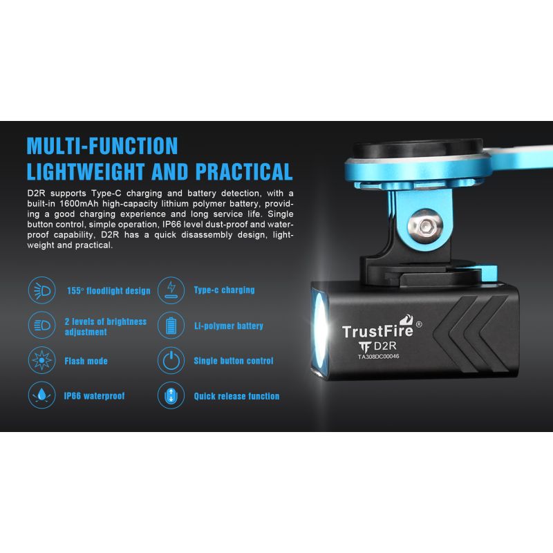 TrustFire D2R Bicycle Light 450LM Waterproof Front Light Type-C Rechargeable Cycling Lamp for Safety and Visibility