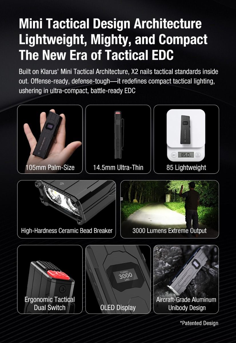 klarus X2 Ultra-Thin Palm-Sized EDC Tactical Flashlight, USB-C Rechargeable 3000 Lumens Compact & Mighty Pocket Light