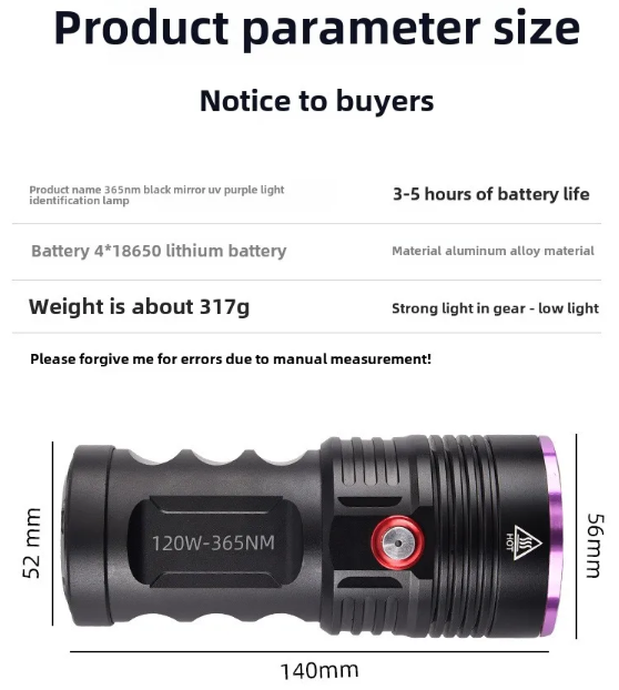 365nm UV Flashlight 120W USB-C Rechargeable Black Light for Pet Urine Detection, Resin Curing, Scorpion, Fishing, Minerals, Cure Glue with UV Protective Glasses, 4PCS Battery