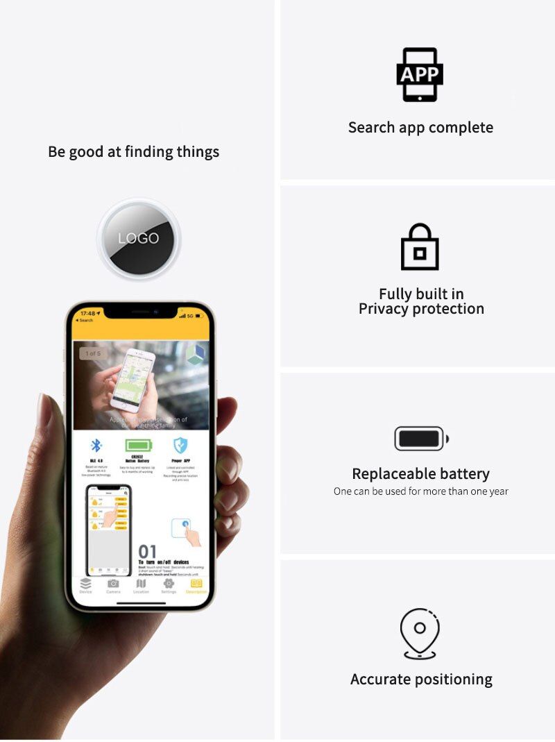 Mini GPS Tracker Bluetooth 4.0 Smart Locator Lightweight Anti-Lost Device for Keys Pets Kids Real-Time Location