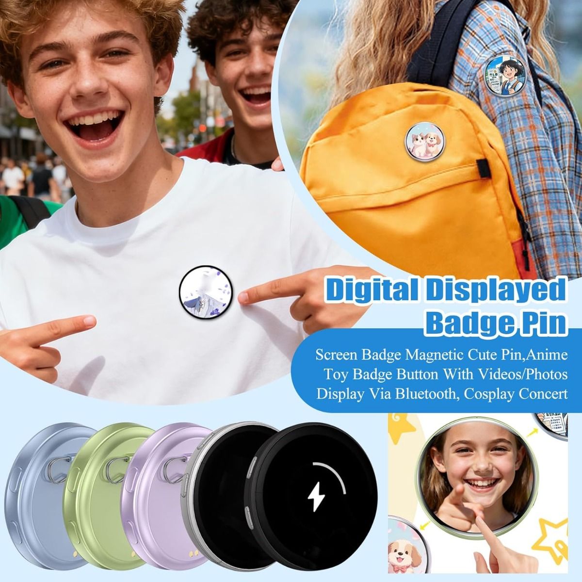 Electronic Badge HD Display Screen 1.70-inch HD Display Bluetooth 6.0 GIF Video Playback Touch Screen LED Audible Video Play