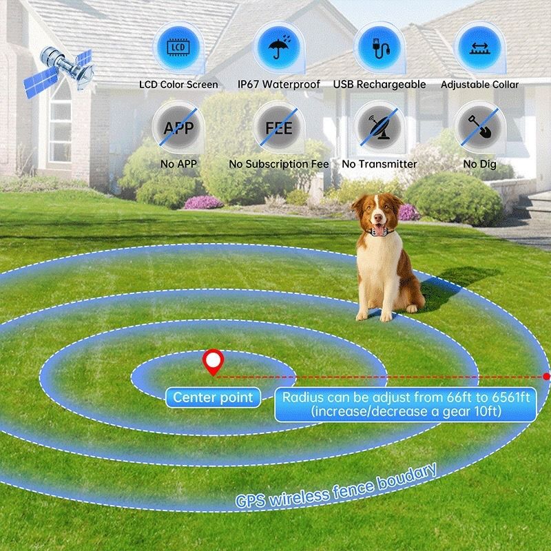 Wireless Dog Fence Collar, GPS Pet Containment System, Rechargeable Dog Bark Collar , Waterproof Anti Barking Trainer, for Dogs 15-120 lbs