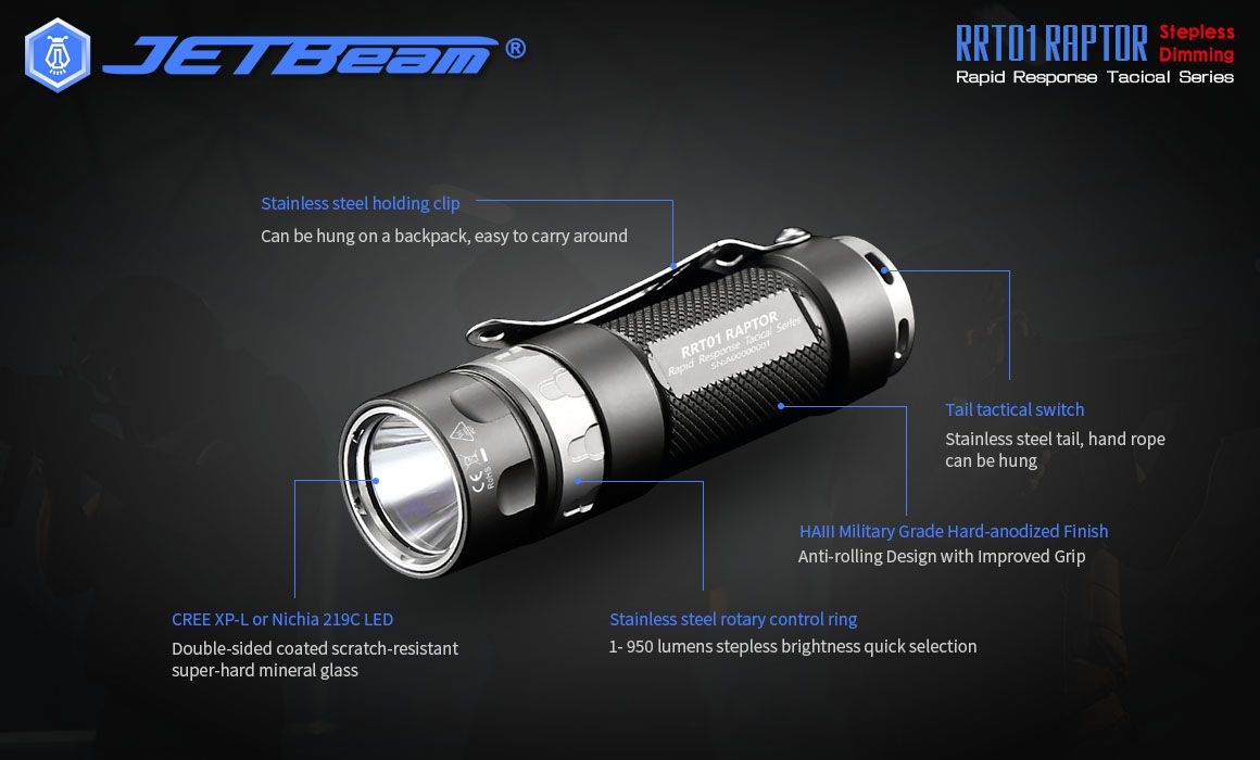 JETBeam JET-RRT01 XP-L 950 Lumen LED EDC Flashlight Durable Outdoor Lighting for Camping Hiking