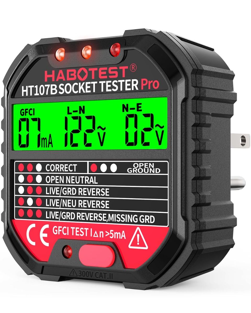 Outlet Tester Electrical GFCI Receptacle Detector with LCD Display, 90-250V Power Socket Tester, Circuit Polarity Voltage Detector, Plug Tester Breaker Finder 6 Visual Indication CAT II 300V