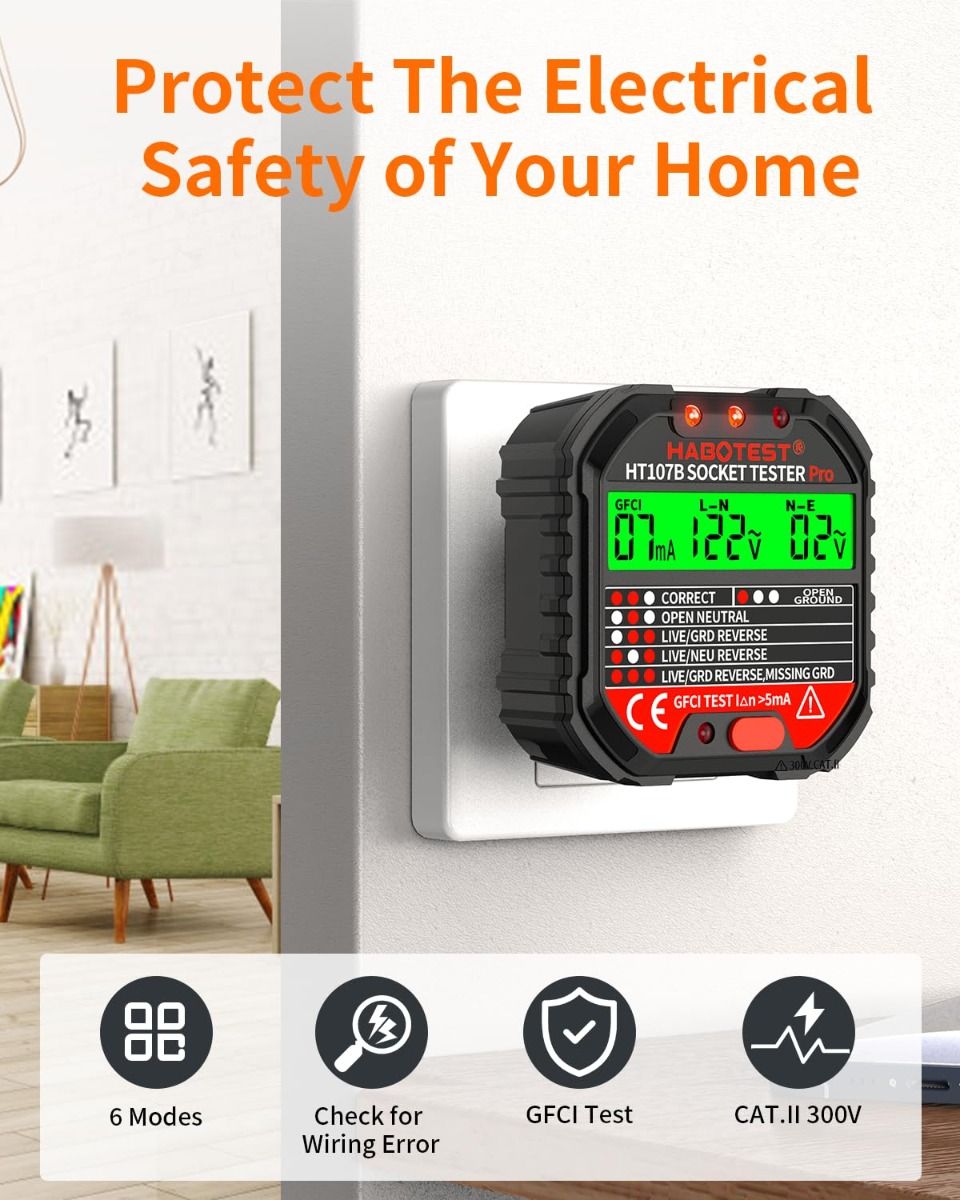 Outlet Tester Electrical GFCI Receptacle Detector with LCD Display, 90-250V Power Socket Tester, Circuit Polarity Voltage Detector, Plug Tester Breaker Finder 6 Visual Indication CAT II 300V
