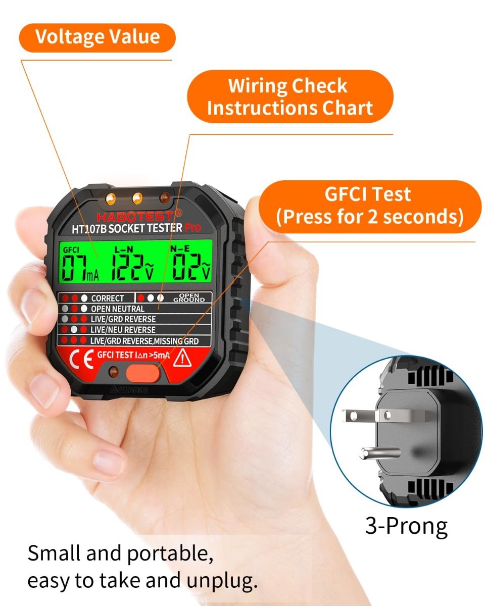 Outlet Tester Electrical GFCI Receptacle Detector with LCD Display, 90-250V Power Socket Tester, Circuit Polarity Voltage Detector, Plug Tester Breaker Finder 6 Visual Indication CAT II 300V