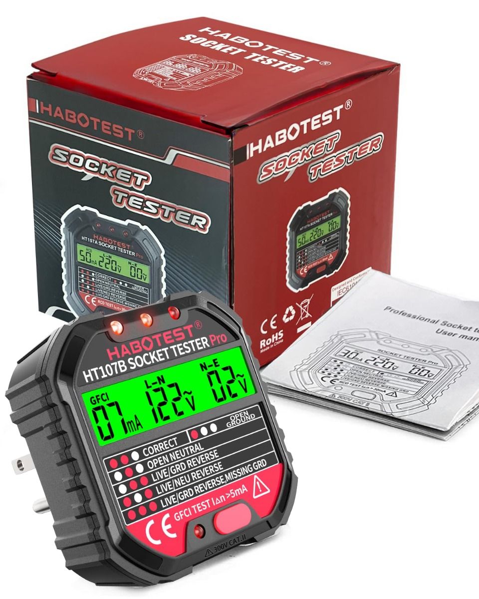 Outlet Tester Electrical GFCI Receptacle Detector with LCD Display, 90-250V Power Socket Tester, Circuit Polarity Voltage Detector, Plug Tester Breaker Finder 6 Visual Indication CAT II 300V