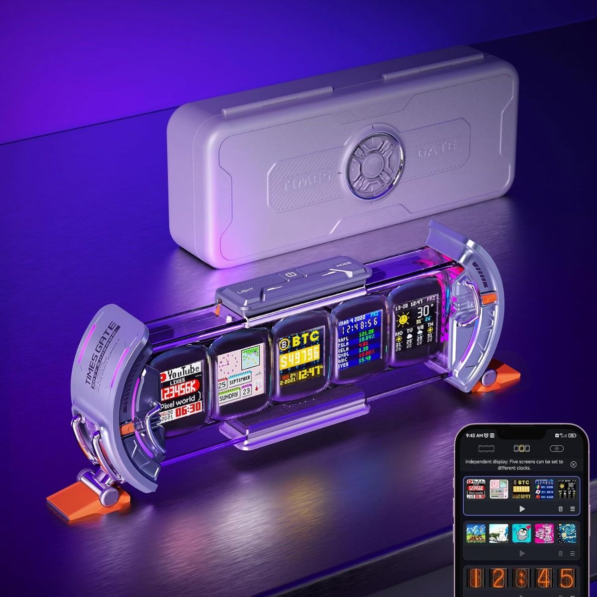 Divoom Times Gate - Cyberpunk Gaming Setup Digital Alarm Clock, Smart APP, WiFi Connect, RGB LED Display, Personalized Financial & Bitcoin Dashboard, Pixel Art for Gaming Room & Office Decor
