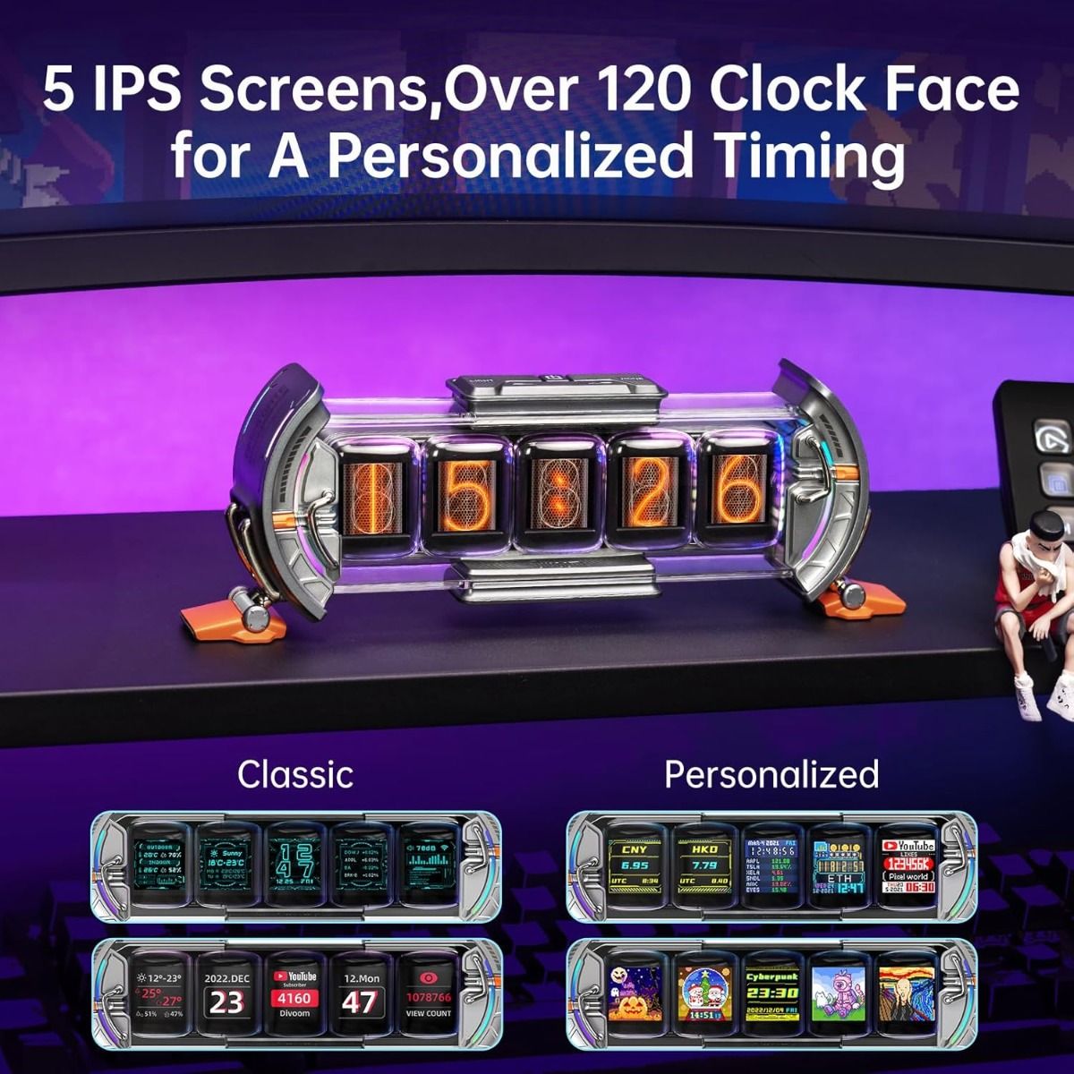 Divoom Times Gate - Cyberpunk Gaming Setup Digital Alarm Clock, Smart APP, WiFi Connect, RGB LED Display, Personalized Financial & Bitcoin Dashboard, Pixel Art for Gaming Room & Office Decor